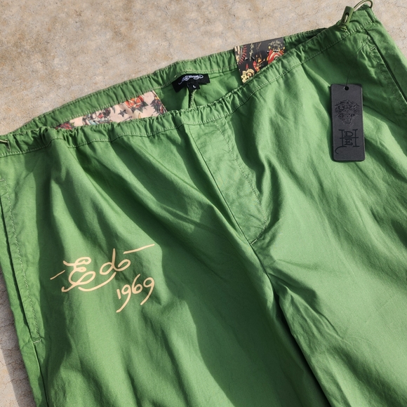 NWT Ed Hardy Cotton Peacock Poplin Wide Leg Army Green Cargo Pant Women's L - Picture 8 of 10